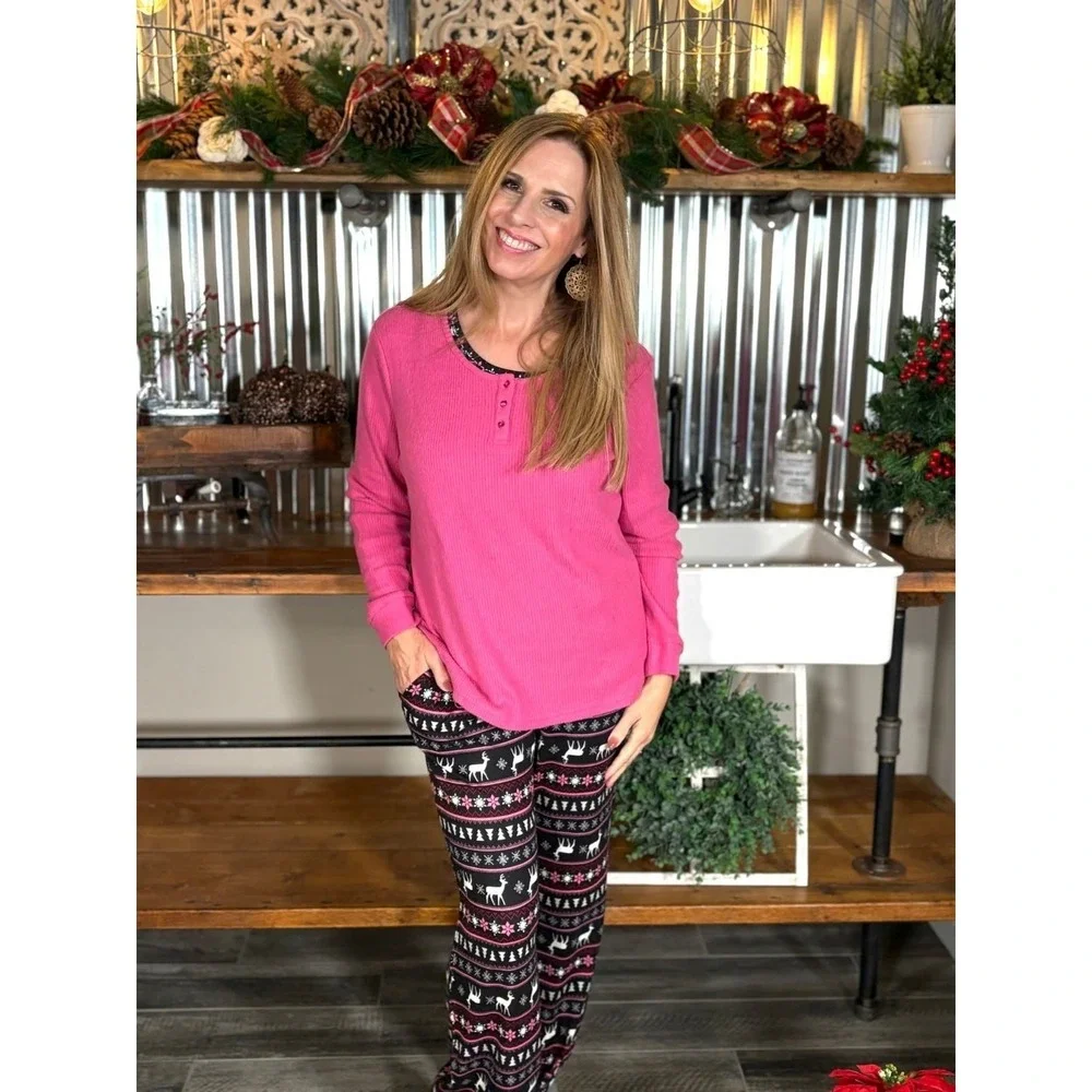 Muk Luks Women's 3 Piece Ribbed Knit Pajama Dancing Deer Size Medium NEW